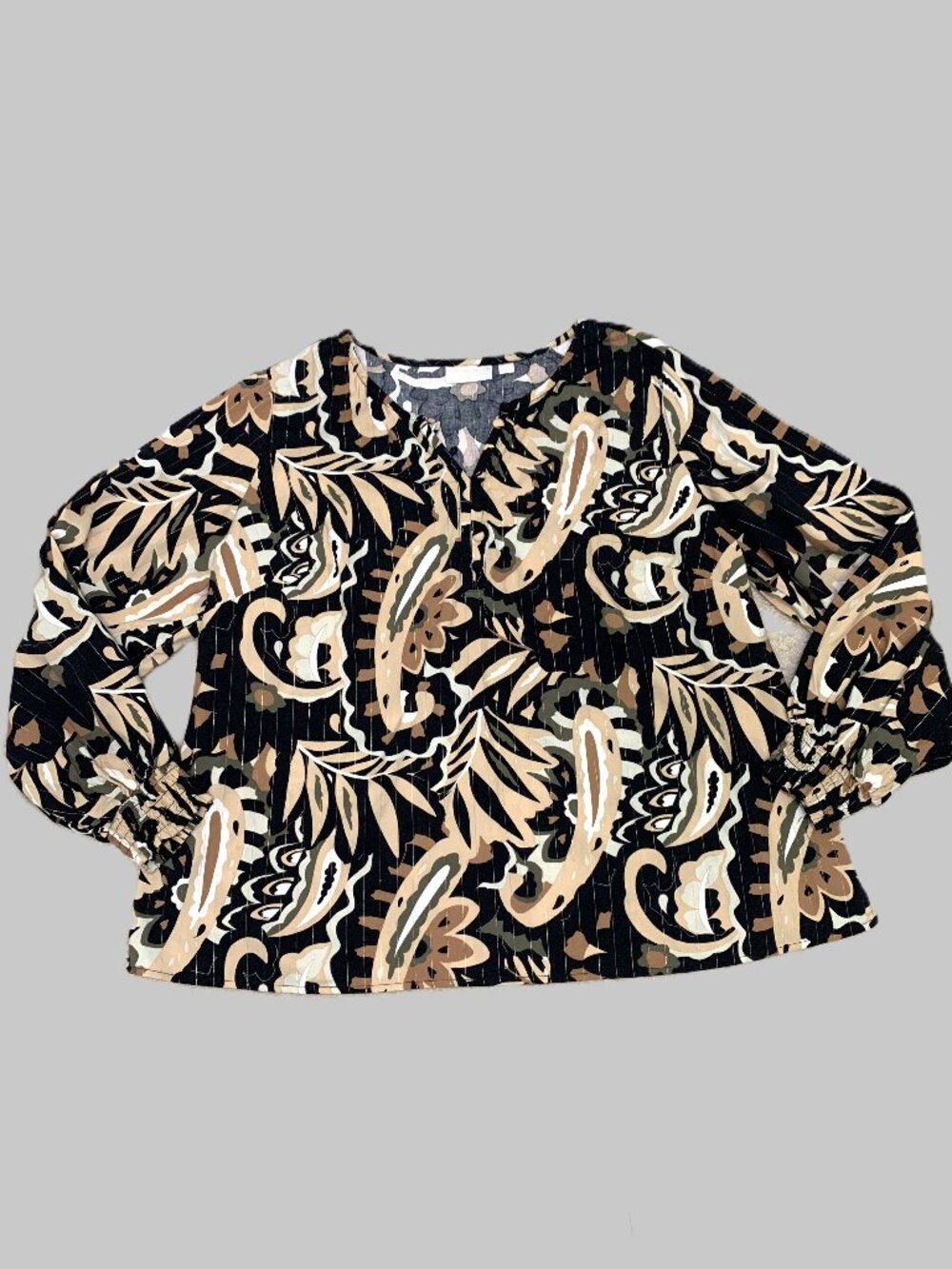 Belle Boho Long Sleeve Women Blouse Pleated Paisley Cuffed Sleeve Size 1X